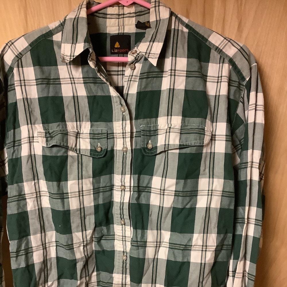 Liz sport size s button down green and white plaid shirt